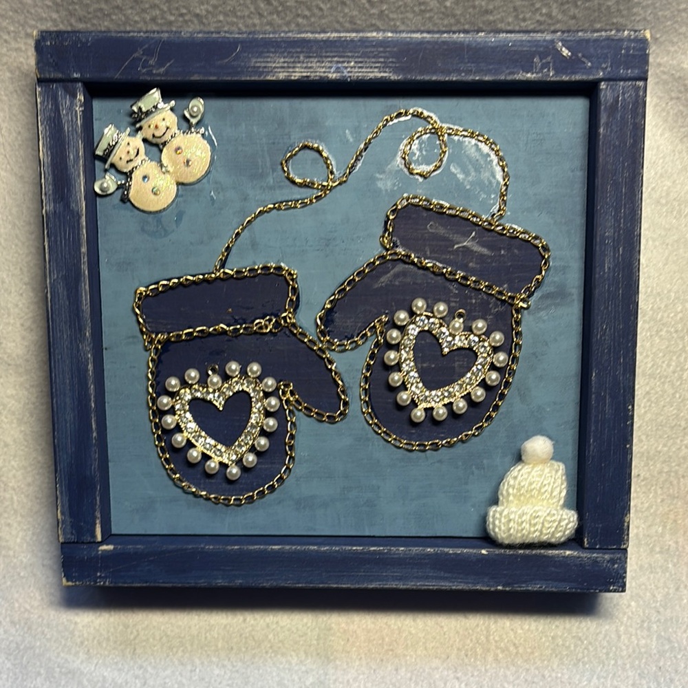 Blue and Gold Mittens Wall Decor with Pom-Poms